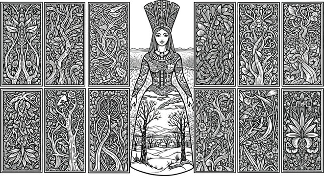 Intricate carved totem pole depiction of a woman with elaborate headdress