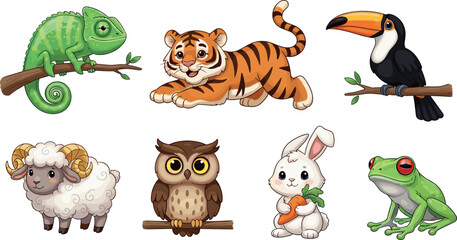 Naklejka premium Cute forest and wildlife animals set with chameleon tiger toucan sheep owl rabbit and frog, colorful cartoon vector illustration