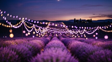 Fototapeta premium Lavender Field Twilight: Soft mauve and violet bokeh from twilight festival lights. String lights above lavender rows blur into lilac orbs against a dusky sky, evoking summer in Provence.