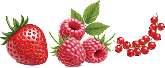 Fresh Summer Berry Vector Set featuring Ripe Strawberry Raspberries with Leaves and Red Currants for Organic Food Branding Culinary Marketing and Healthy Lifestyle Designs © Crafts Home
