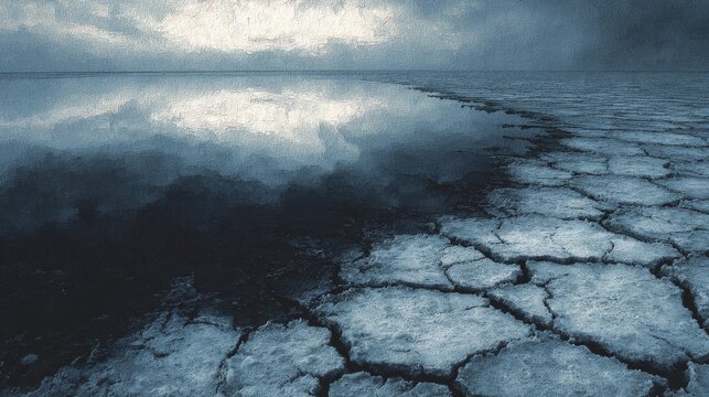 Salt flat fracturing into branching polygon cracks as moisture evaporates, abstract natural pattern formed by local conditions without symmetry, morphogenetic art revealing order from constraint