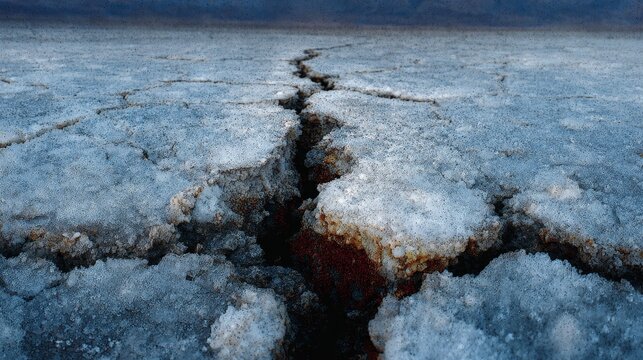 Salt flat fracturing into branching polygon cracks as moisture evaporates, abstract natural pattern formed by local conditions without symmetry, morphogenetic art revealing order from constraint