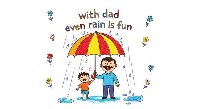 Father son duo, happy family, rainy day fun, colorful illustration, vector graphics