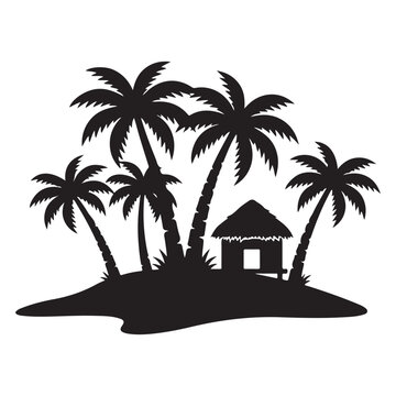 Silhouette of palm trees and a hut on a tropical island Vector