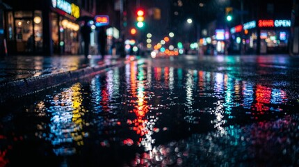 Fototapeta premium Monsoon Street Puddles: Saturated red, yellow, and green bokeh reflected in city puddles. Traffic lights and storefronts blur into a mirror-world dreamscape on dark, wet asphalt.