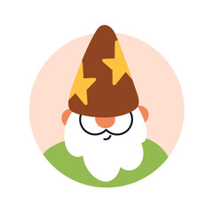 Naklejka premium Wizard, face avatar. Old magician, mage in pointed hat, round user profile in circle. Magic man, warlock, wiz, fairytale sorcerer, head portrait. Flat vector illustration isolated on white background