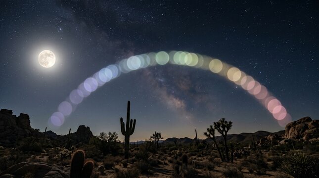 Moonbow Desert Night: Ghostly spectral bokeh from a rare moonlit rainbow. Faint violet, green, and rose orbs form a gentle arc against a clear desert sky in this extraordinary night scene.