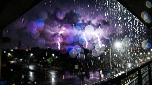 Monsoon Lightning Network: Powerful blue-white and violet bokeh from frequent lightning strikes. A silvery, textured background of rain conveys the immense electrical energy of a monsoon.