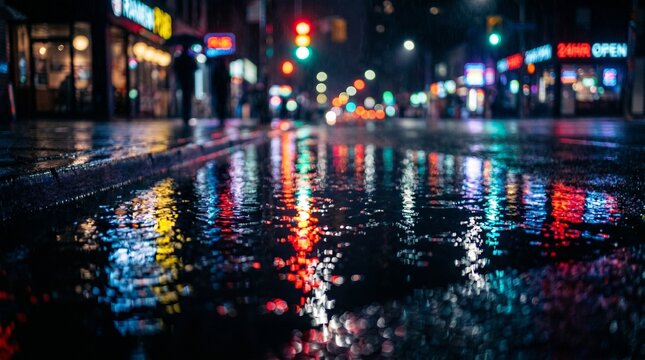 Monsoon Street Puddles: Saturated red, yellow, and green bokeh reflected in city puddles. Traffic lights and storefronts blur into a mirror-world dreamscape on dark, wet asphalt.
