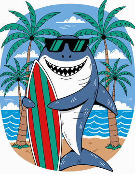 Surfing shark with sunglasses on beach vector illustration