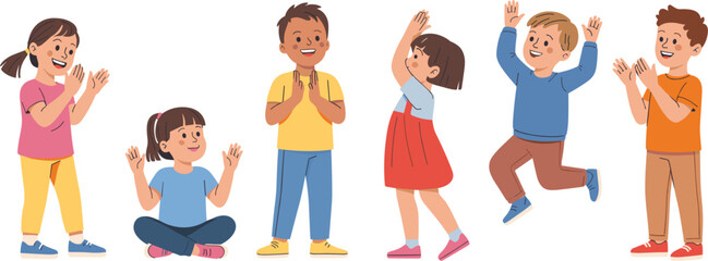 Happy children playing and clapping, joyful kids activities set, cheerful cartoon characters expressing fun and excitement