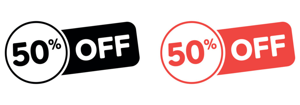 Fifty percent off sale tags, black and red, for retail and marketing promotions.