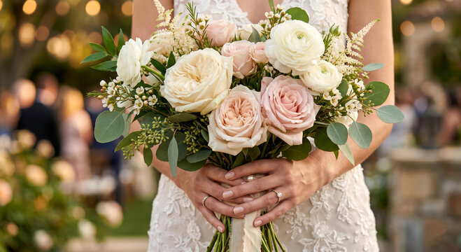 Elegant bride holding a romantic wedding bouquet featuring cream and dusty pink garden roses, white ranunculus, and silver dollar eucalyptus