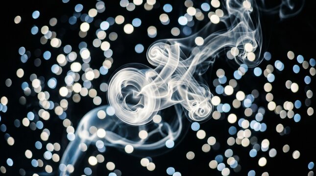 Obsidian Smoke Rings: Abstract white and pale blue bokeh from backlit smoke photography. Light scatters into orbs against black, with ghostly smoke veils adding a mysterious layer.