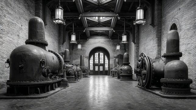 Industrial water pumping station with pipes, tanks and machinery, modern utility infrastructure for energy and water management, technical facility exterior view