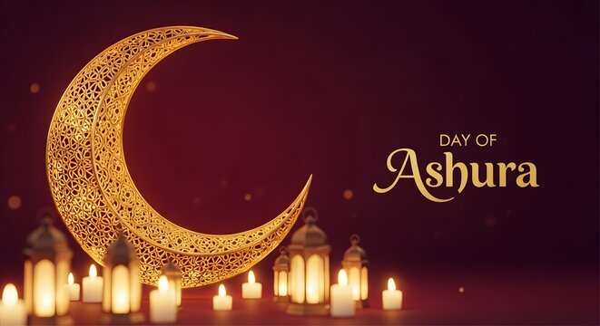 Happy ashura golden crescent moon candles on a colorful background