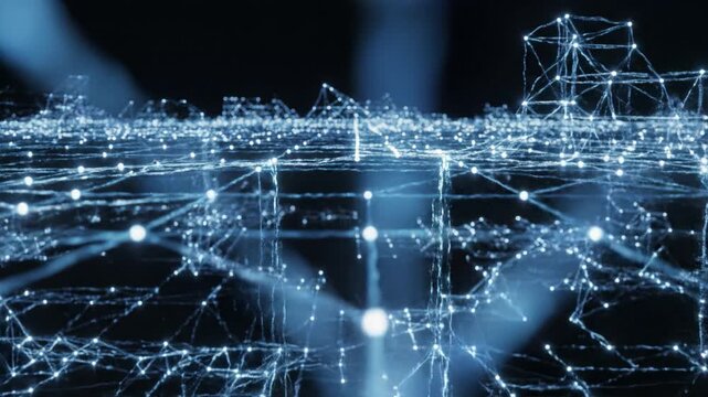 Digital network connection with glowing blue nodes and lines, futuristic technology concept showcasing abstract data flow, communication system, and innovative digital communication technology