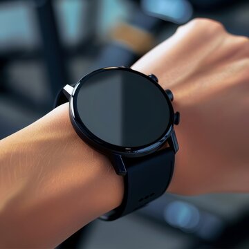 Close-up of a sleek black smartwatch with a round screen on a human wrist, featuring a minimalist design and a black silicone strap against a blurred indoor background.