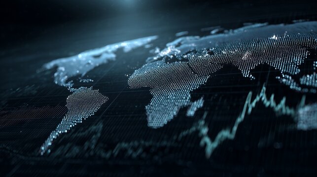 Global financial data visualization on a digital world map interface with graphs