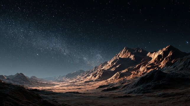 Realistic Martian landscape with rocky terrain, mountains and plains under a starry sky, cinematic epic composition with ultra-wide-angle view, low saturation dramatic space background