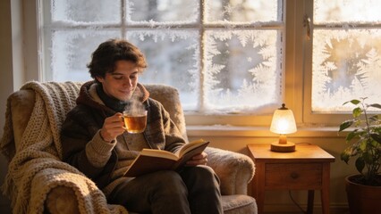 Obraz premium Person relaxing at home reading book feeling relaxed on a cozy winter morning enjoying cup of hot tea coffee 