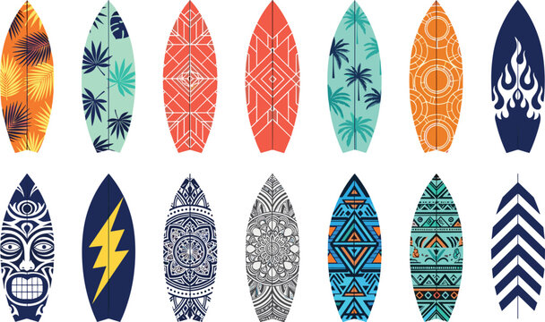 Large Collection of Surfboard Vectors with Ethnic Tribal Patterns Tiki Masks Geometric Mandalas and Tropical Palm Designs for Summer Surf Culture and Beach Lifestyle Graphics