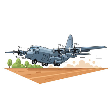 A four-engine turboprop aircraft takes off from a dusty field