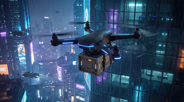 High tech delivery drone flying beside glass skyscraper in rainy city