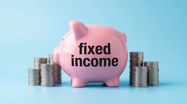 Pink piggy bank with 'fixed income' text surrounded by stacks of coins investment financial currency portfolio
