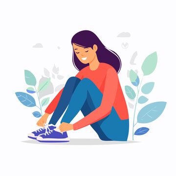Young Woman Tying Shoelaces on Sneakers, Sitting Amongst Plants