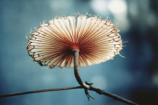 Delicate mushroom gills growing on a thin branch