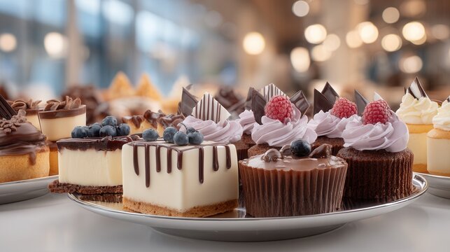An assortment of exquisite desserts on a silver platter with berries and chocolate, emphasizing the beauty and variety of sweets.