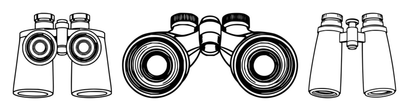 Binoculars set with black line art on white background featuring optical, grid lines, lens with viewfinder and eyepiece and glasses