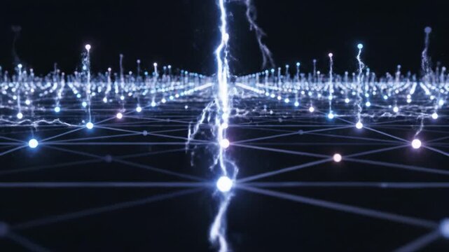 Digital network connection glowing nodes electric energy futuristic technology blue light points lines grid pattern dark space electricity lightning power abstract electric discharge forming energy