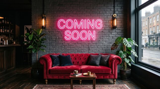 Pink coming soon neon sign on dark brick wall in modern industrial lounge with red velvet sofa and plants, interior
