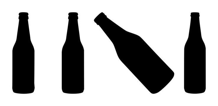 Beer bottle set with plain black silhouette against white background featuring bottle, drink, beverage with iconography and outline