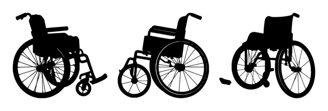 Wheelchair set with black silhouette against white background featuring accessibility, disability, mobility with iconography and design