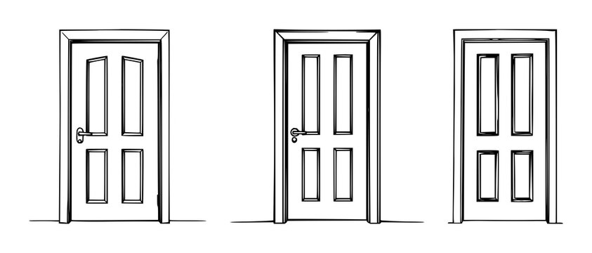 Door set with black line art on white background featuring illustration, vector, graphic design with architecture and interior elements