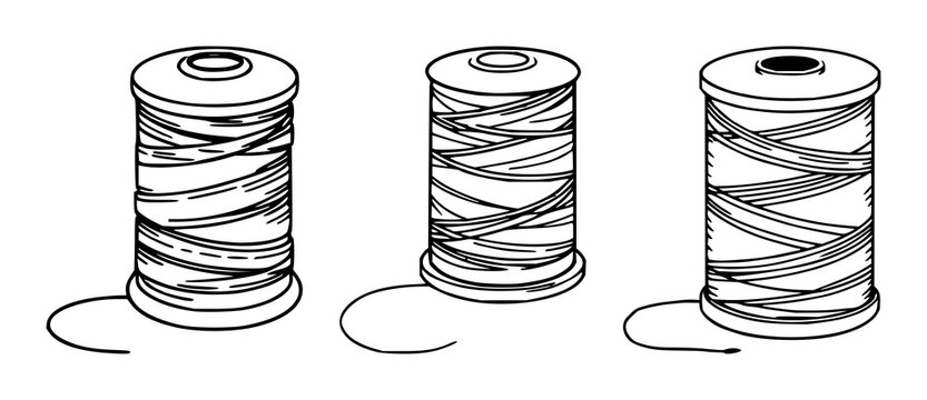 Thread spool set with black line art on white background featuring textile, sewing, craft with minimalism and illustration