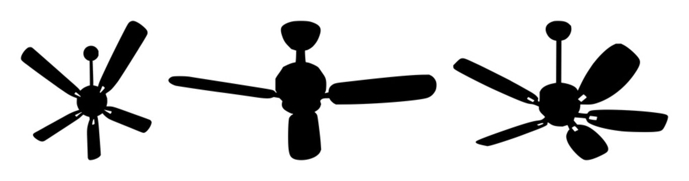 Ceiling fan set with black silhouette against white backdrop featuring fan, silhouette, white background with home decor and lighting