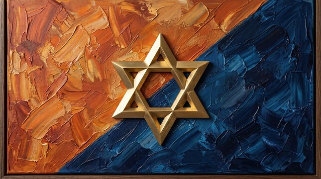 Golden star of david on textured abstract oil paint background with orange and blue diagonal division, religion