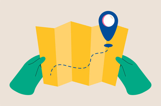 Target or destination concept. Hands holds a map with a way and a pin mark. Colorful vector illustration