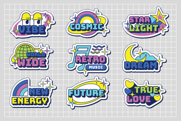 Fototapeta premium Y2K Retro Text Sticker Set with Colorful Elements