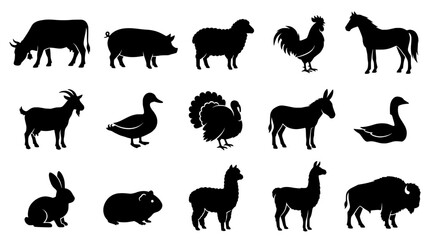 Fototapeta premium Farm Animals Silhouettes in Black Color