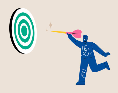 Man throw dart aim to hit dart board. Colorful vector illustration