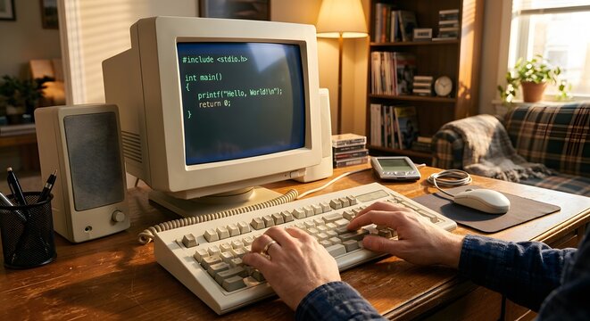 Vintage retro computer monitor displaying hello world program code on a classic office desk setup