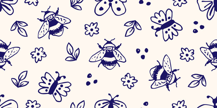 Cute vector seamless insect pattern. Bees, bumblebees and butterflies, small flowers on a light beige background.  Summer time, nature. For prints of fabrics, cotton textiles, paper.