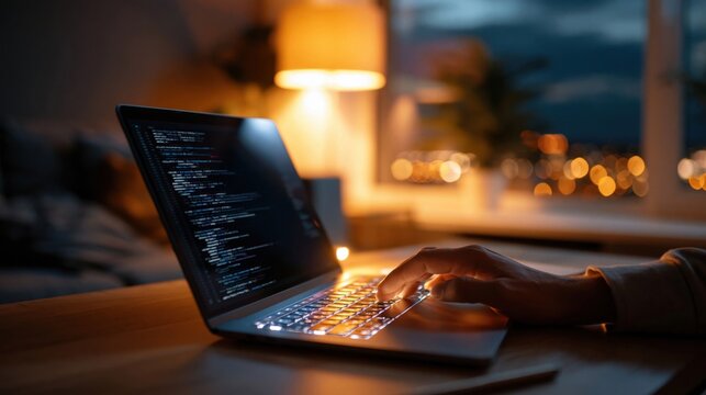 Programmer coding on laptop at night in home office