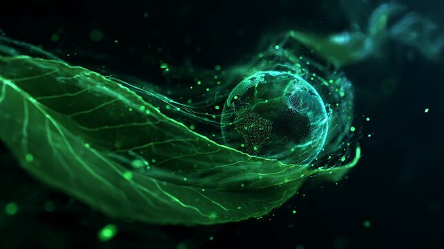 carbon credit net zero concept, abstract green wave, glowing CO2 icon, earth globe, leaf symbol,