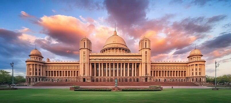 Parliament house, landmark scenery. Political architecture shines bright in atmospheric backdrop.